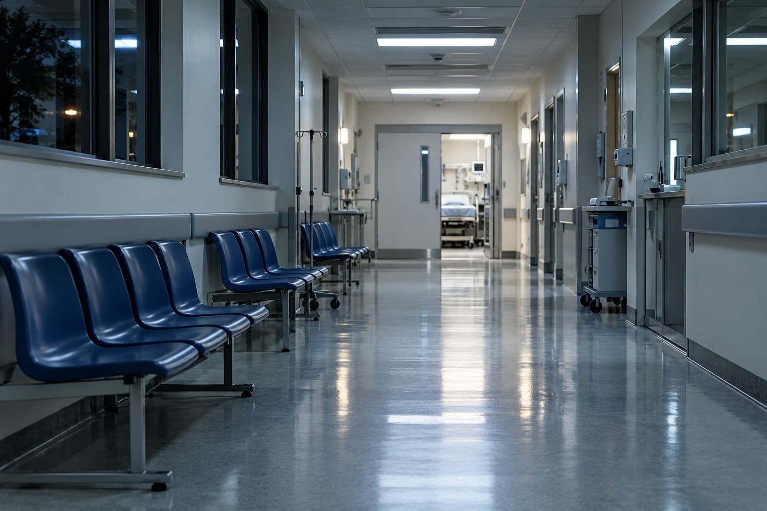Üres kórházi folyosó éjszaka, a fal mentén kék várószékek soraival és a végén egy kezelőhelyiség nyitott ajtajával.