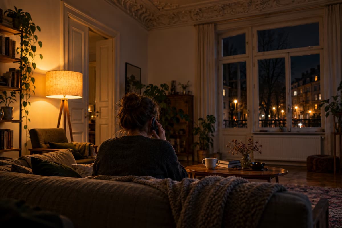 Hátulról látható személy este egy kanapén ül egy gyengén megvilágított, stukkós mennyezetű régi lakásban, és telefonál.