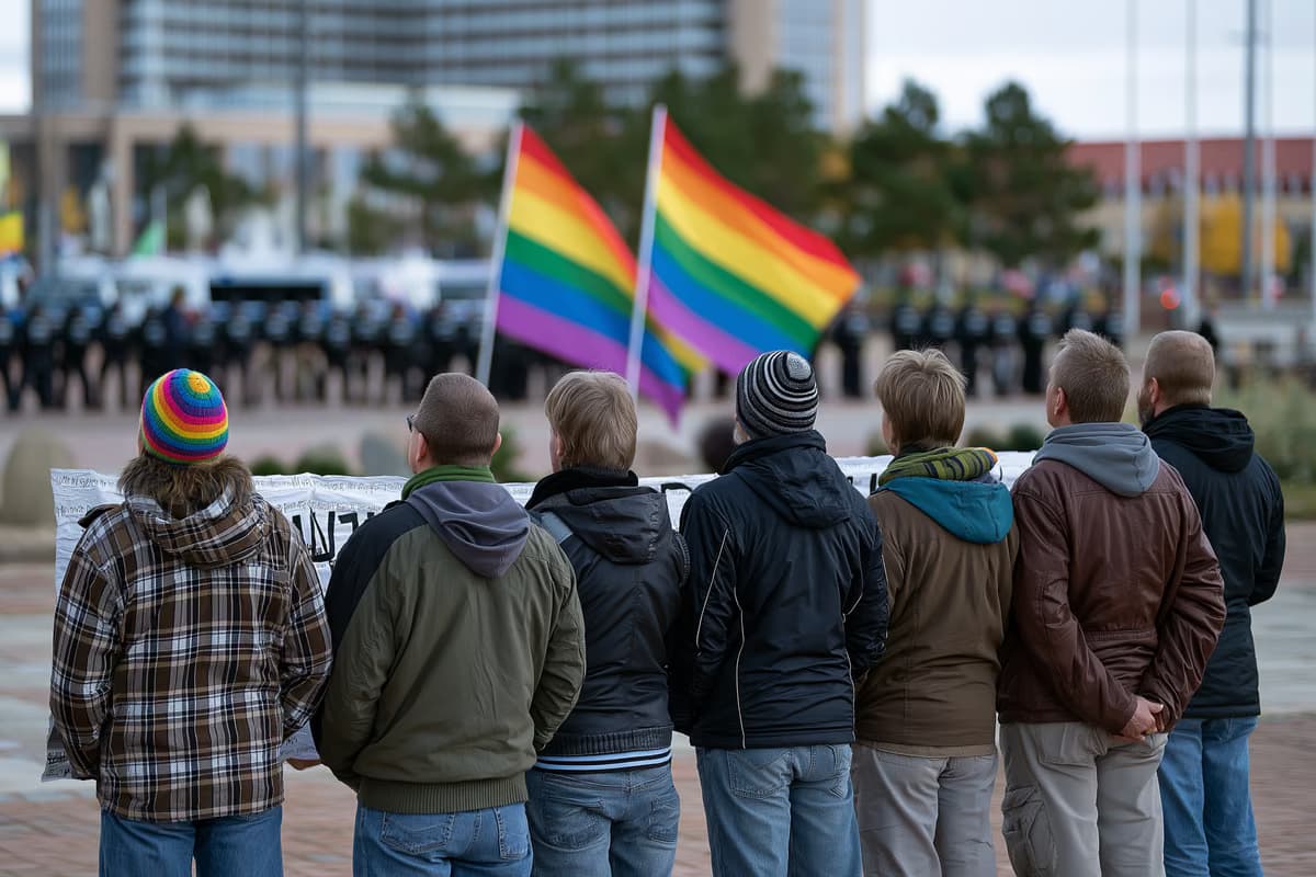 Transzparenseket és szivárványos zászlókat tartó ellentüntetők egy magdeburgi téren, a háttérben elmosódott rendőri vonallal.