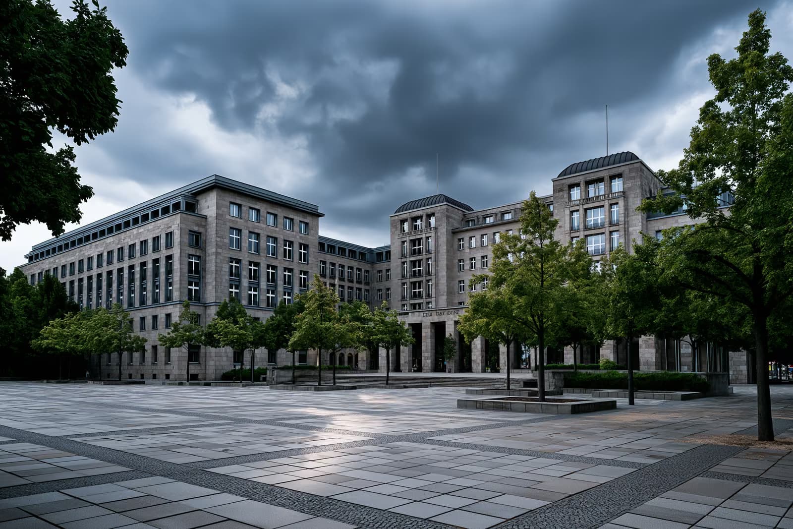 Egy német szövetségi parlament épülete látható egy üres köztér mögött, nehéz égbolt alatt.