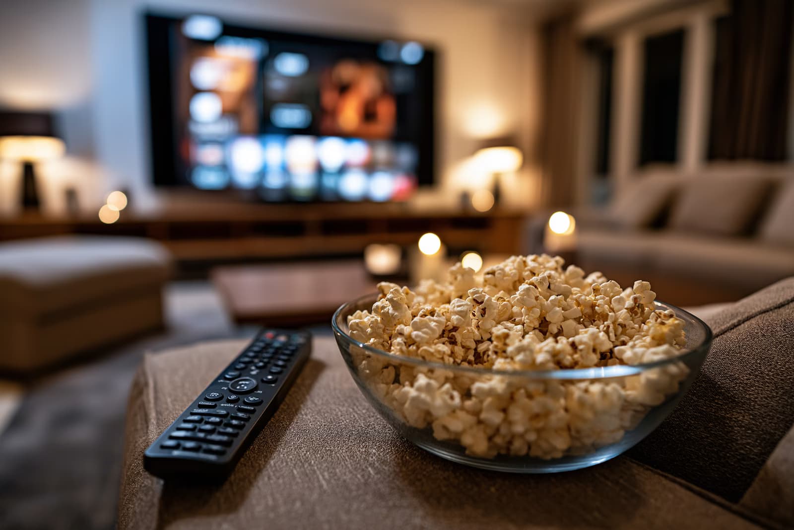 Egy nappaliban lévő televízió streaming menüt mutatott éjszaka, azt a beállítást, ahol manapság a Prime Video reklámjai szakítják meg a mozizást.