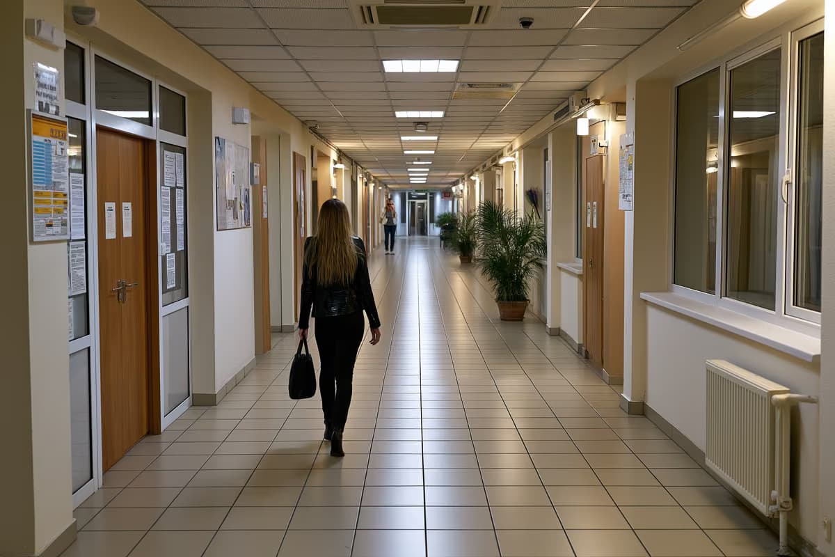 Egyetlen személy sétál egy táskával egy közigazgatási épület folyosóján.