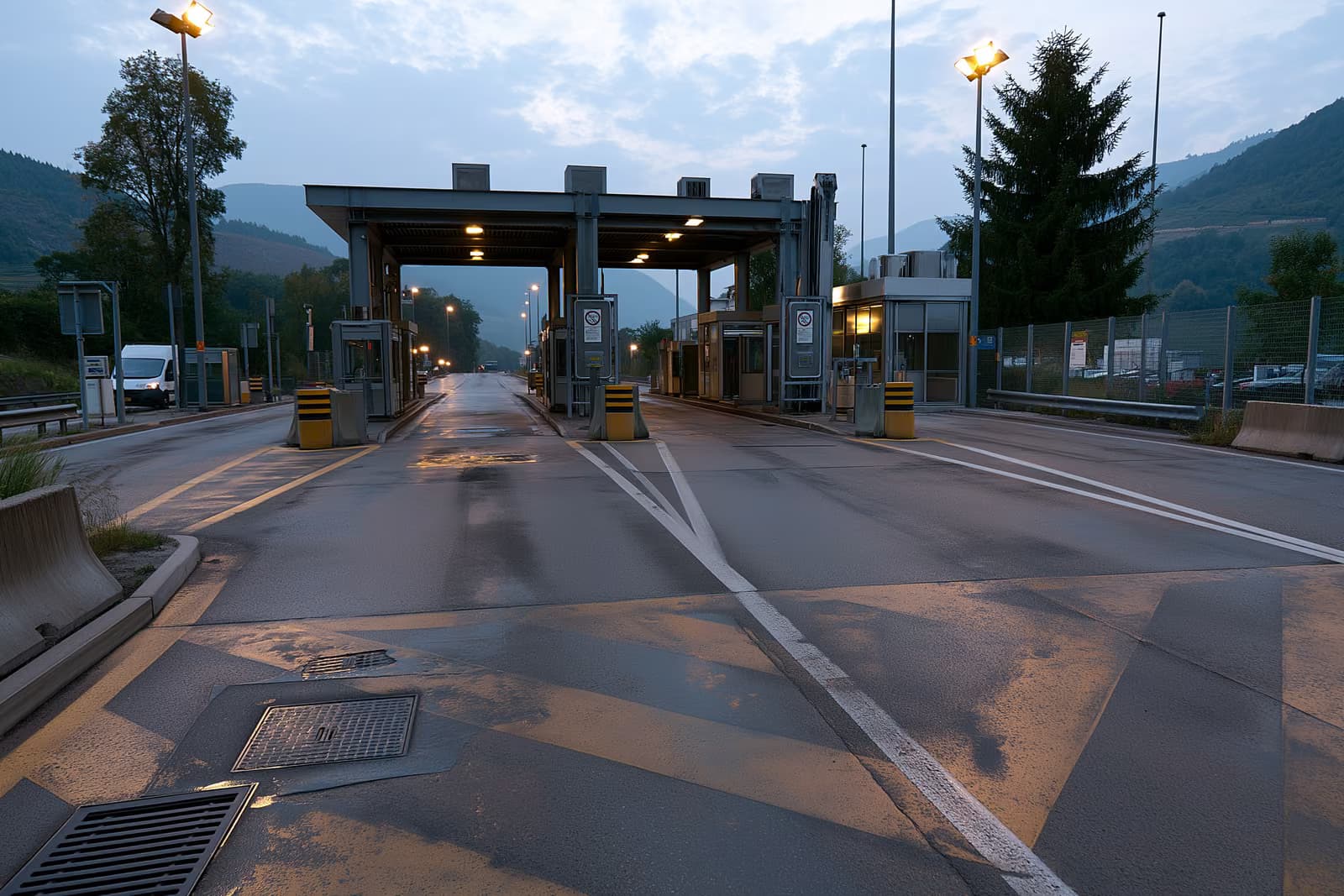Egy csendes autópálya-átkelőhely a német-osztrák határon sávelválasztó jelzéssel és egy üres ellenőrzőfülkével hajnalban.