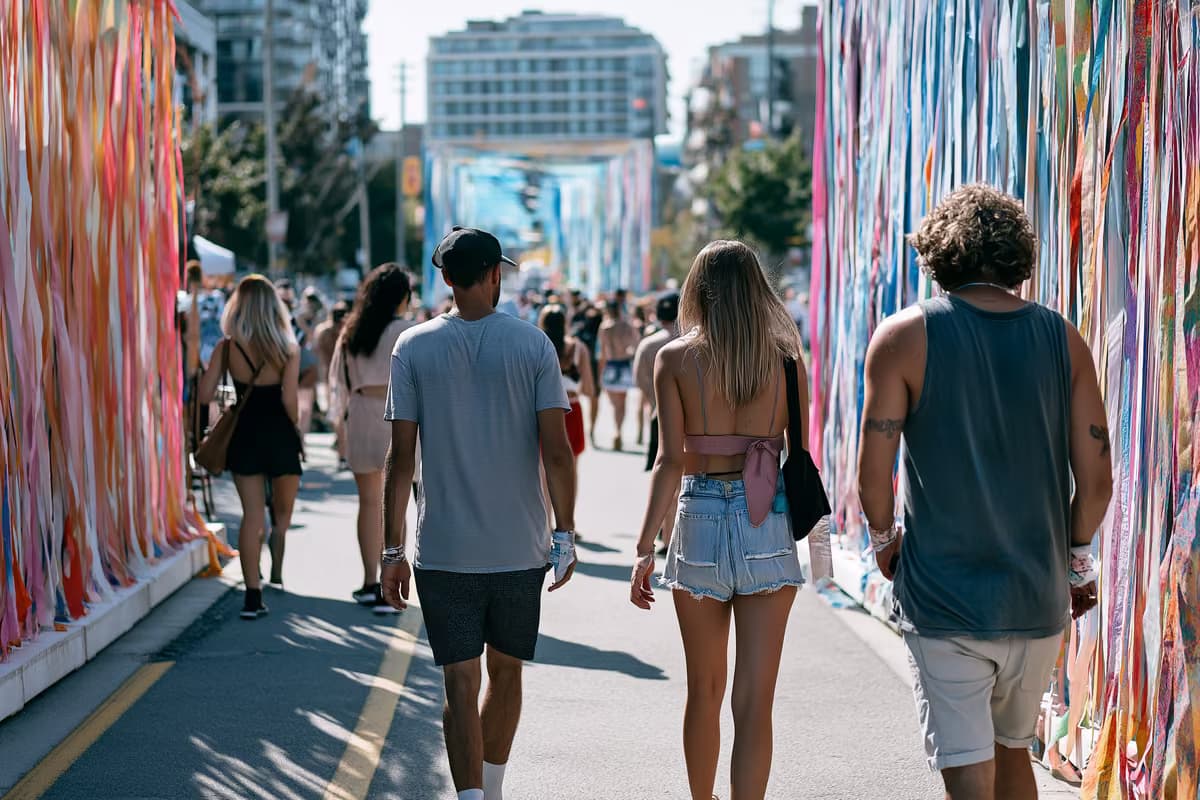 Emberek sétálnak a szabadtéri művészeti installációk között egy nyüzsgő berlini környéken egy napsütéses nyári délutánon.