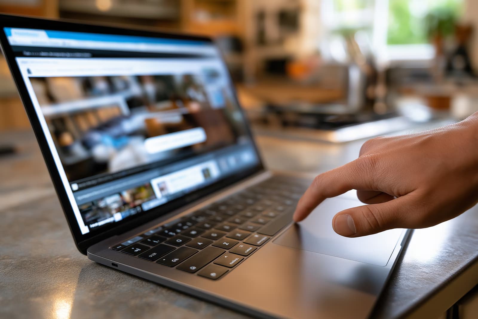 Egy kéz lebeg egy laptop felett a konyhaasztalon, rajta egy online lemondási oldallal, egyetlen kiemelt gombbal.