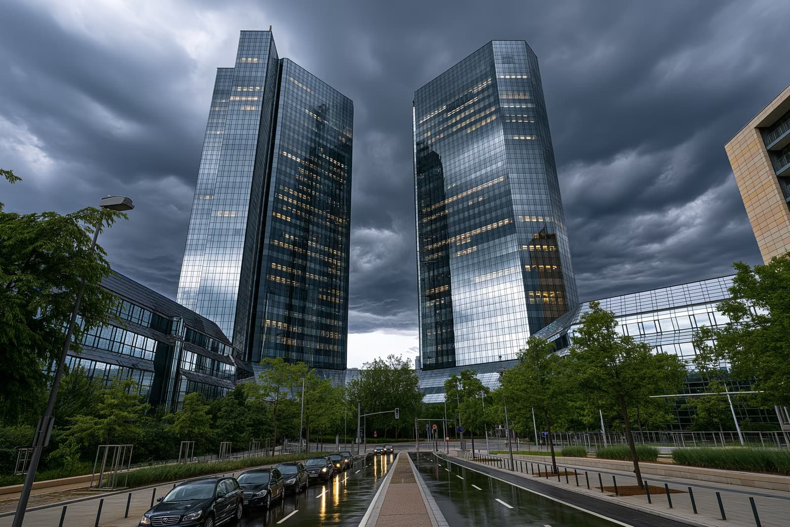 Egy frankfurti bankszékház iker üvegtornyai sötét felhők alatt rejtőznek a Deutsche Bank elleni razzia után.