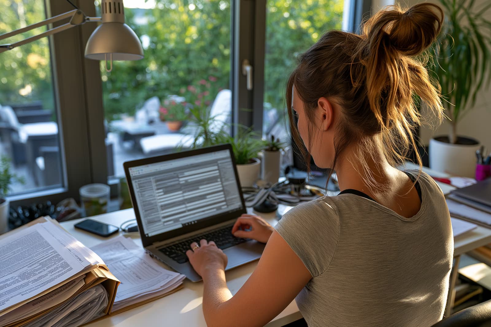 Egy személy otthon, laptopon tölti ki a digitális munkanélküli-segélykérelmet ahelyett, hogy papír alapú űrlapokat töltene ki a német Arbeitsagentur számára.