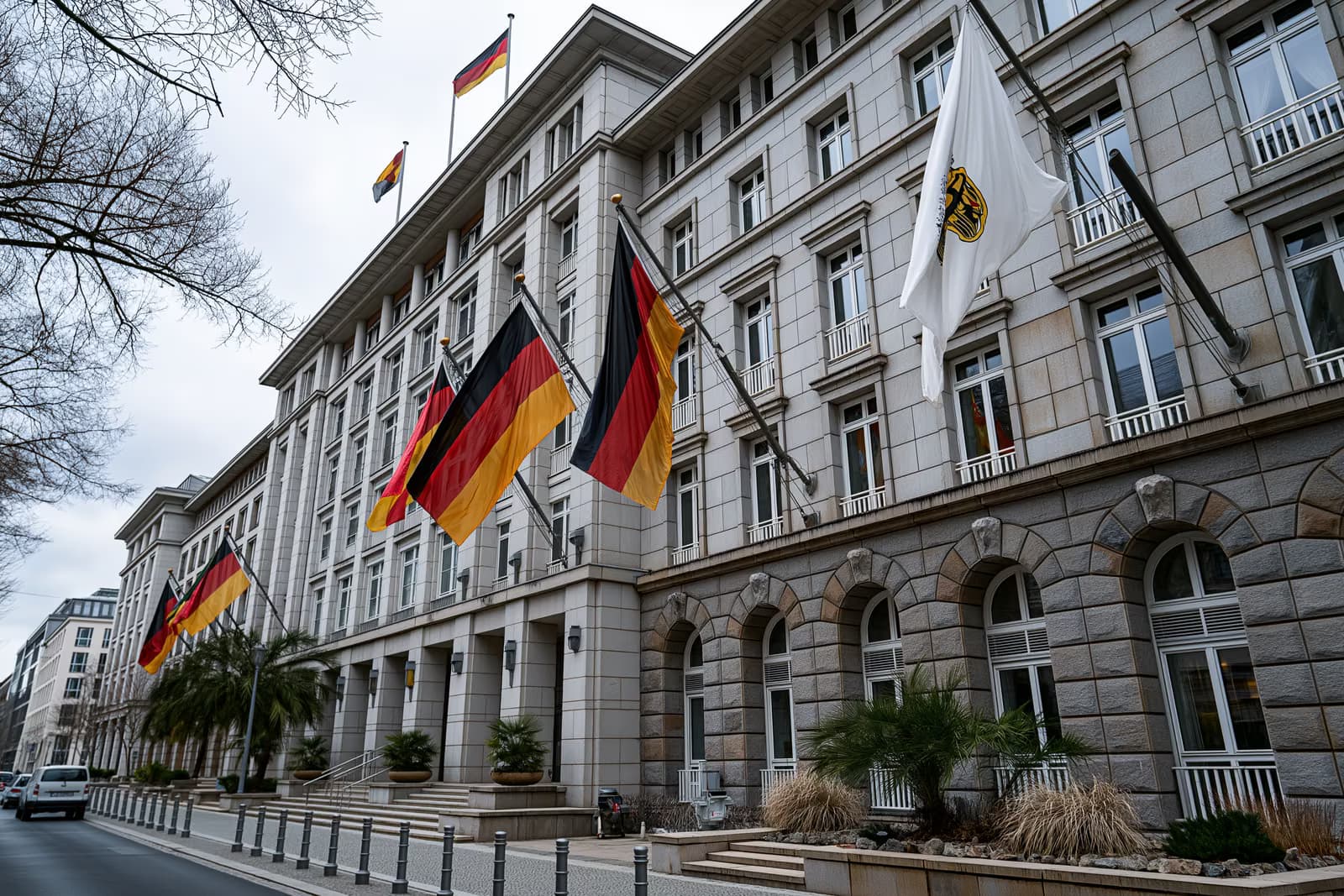 Német belügyminiszter egy sajtóelőadón német és uniós zászlókkal, amint a Németországban tartózkodó behívókorú ukránokra vonatkozó szabályokról beszélget.