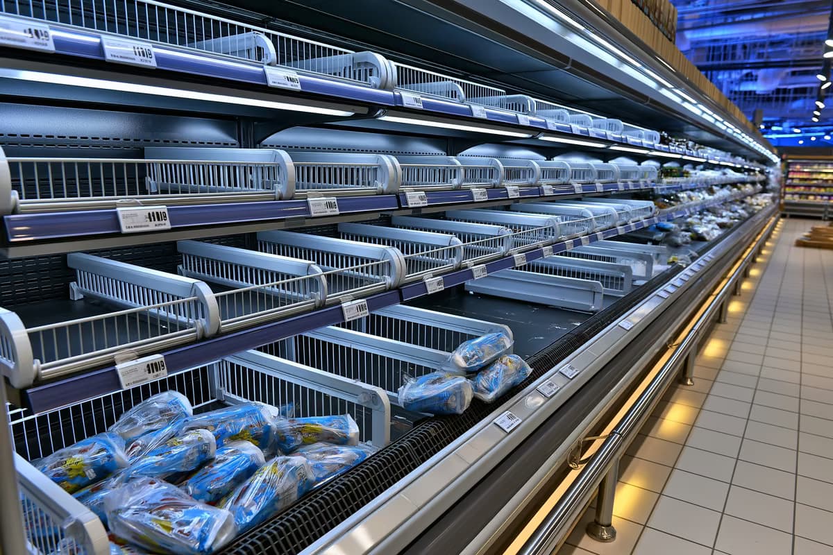 Egy üres hűtött szupermarket polca néhány megmaradt csomaggal a németországi kolbászvisszahívás után