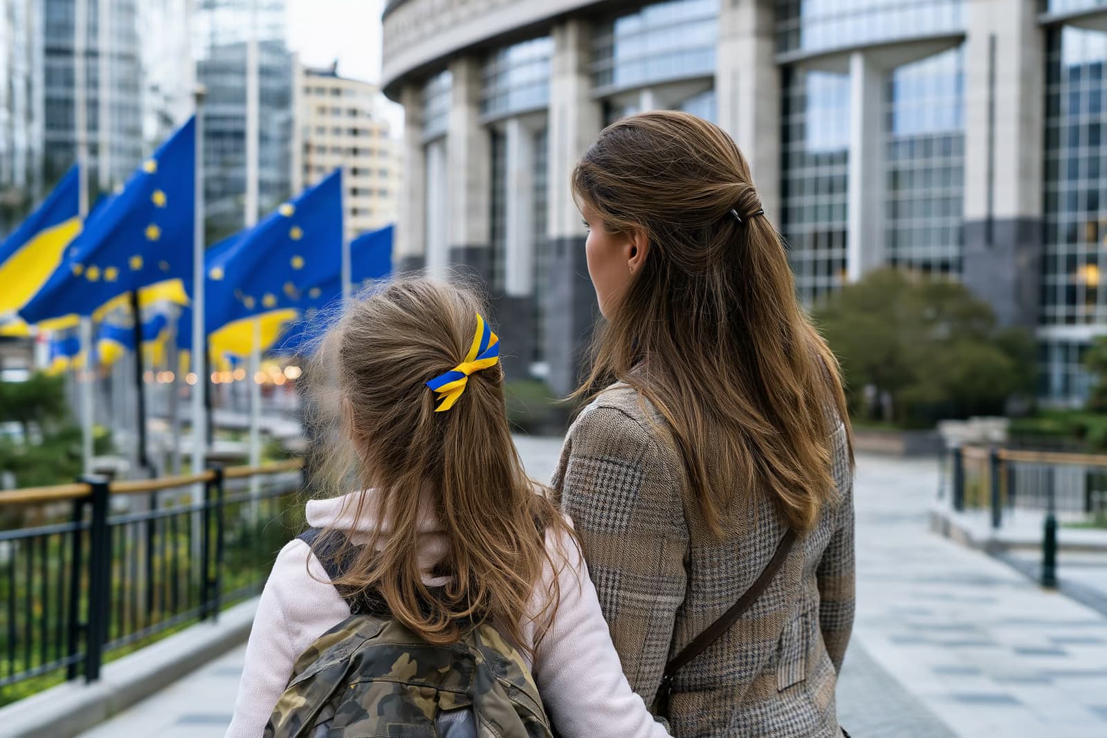 Egy ukrán anya és lánya az EU-zászlókat nézegetik egy európai intézmény épülete előtt, miután meghosszabbították az ukrán ideiglenes védelmet.