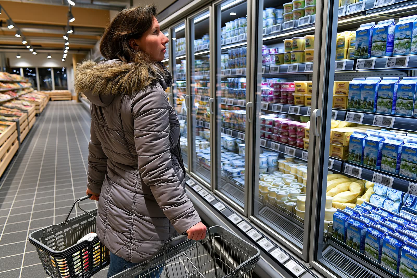 Egy vásárló összehasonlítja az élelmiszerárakat a németországi szupermarketek polcain, nyugtát tartva tejtermékek és tojások előtt.
