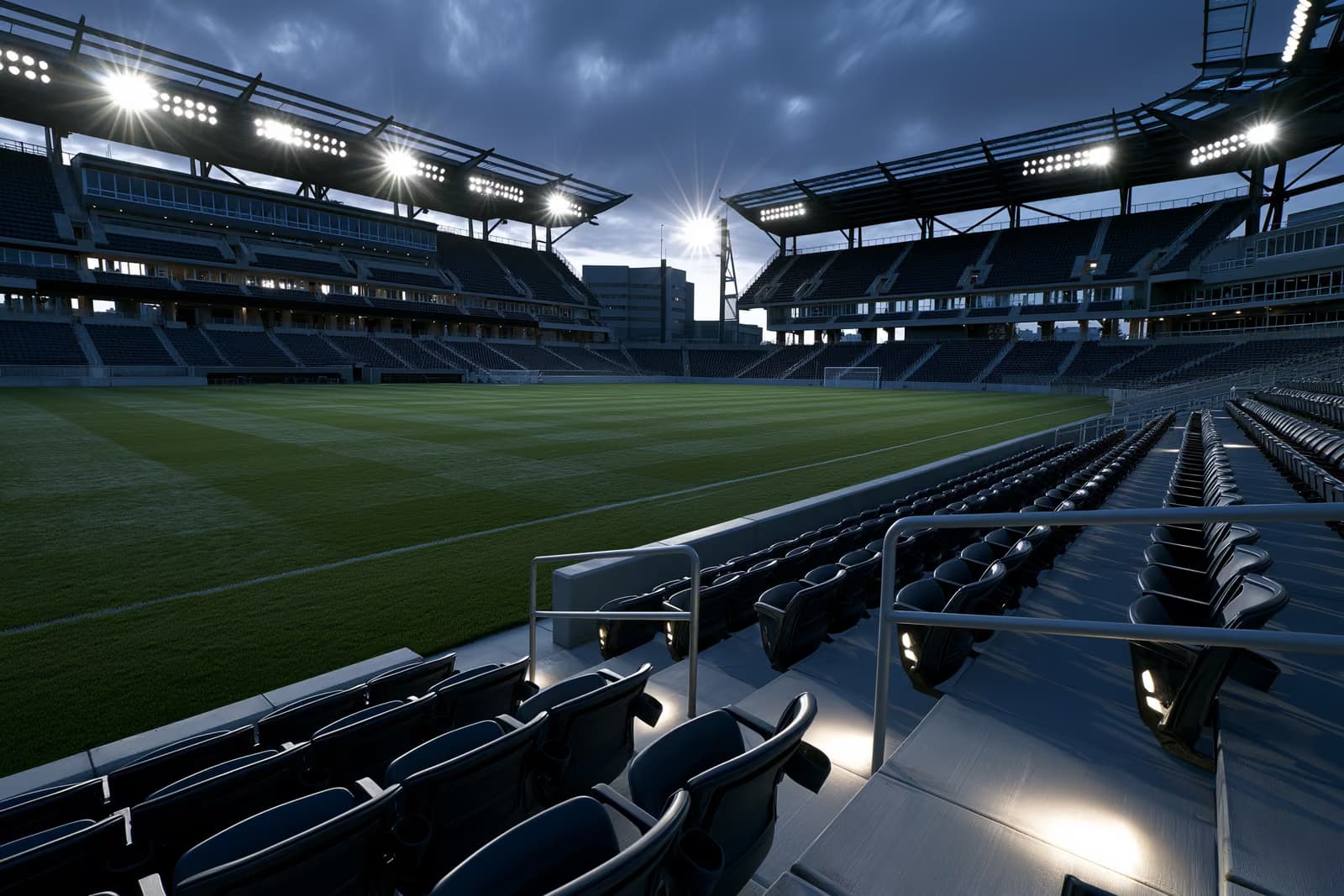 Egy üres futballstadion alkonyatkor reflektorokkal és üres lelátókkal.