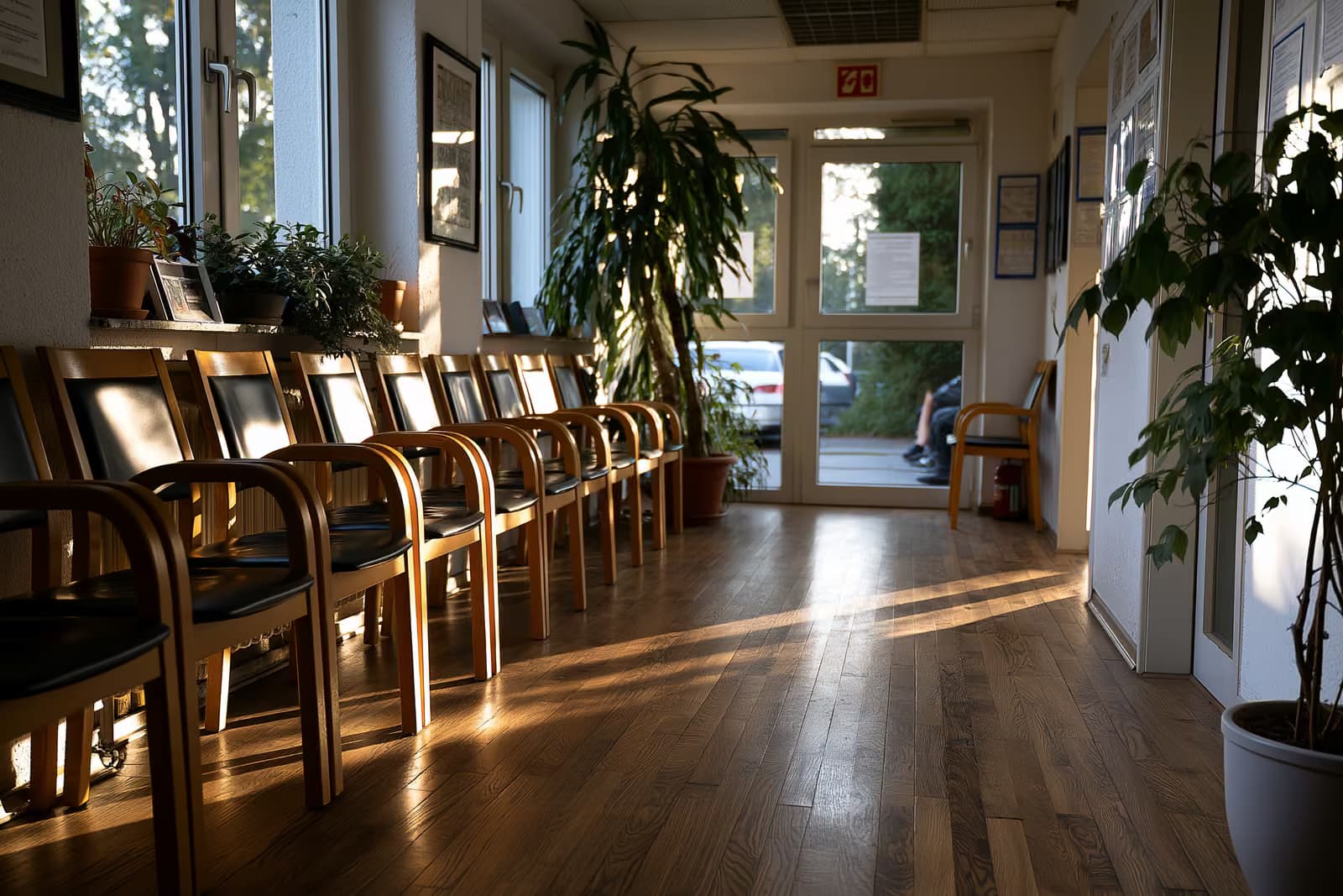 Üres recepciós pult egy német családorvosi rendelőben várótermi székekkel