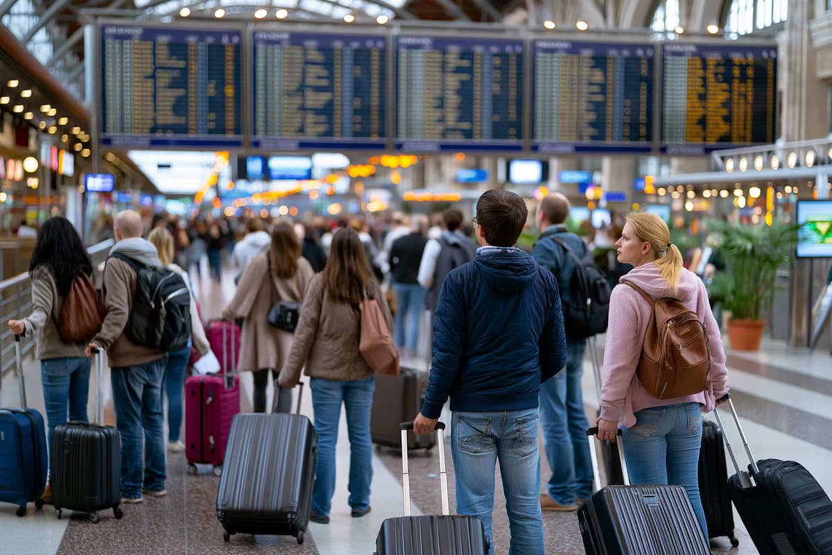 Gurulós bőröndökkel utazók egy forgalmas német pályaudvar előcsarnokában egy nagy indulási tábla alatt
