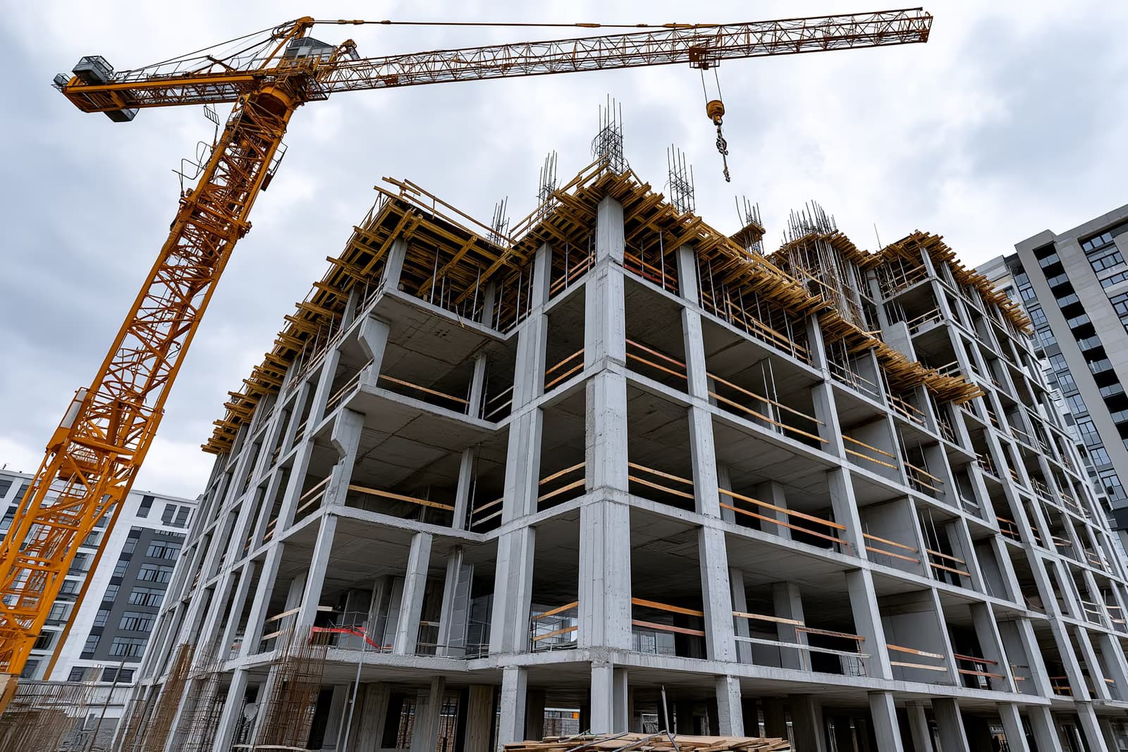 Egy befejezetlen betonépület-váz üres ablaknyílásokkal egy rozsdásodó daru alatt, a Krankenkassen alap kudarcba fulladt ingatlanügyletekből származó veszteségeinek képe.