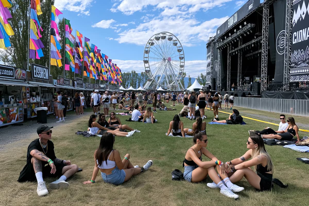 A Lollapalooza Berlin fesztiválterülete nappal színes zászlókkal, ételstandokkal és a fűben pihenő látogatókkal