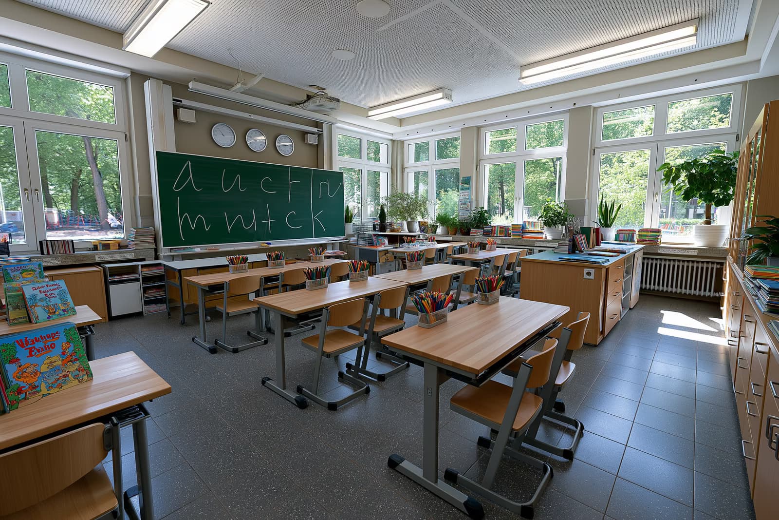Egy világos általános iskolai tanterem zöld táblán betűformákkal, készen az új ABC nyelvórákra Észak-Rajna-Vesztfáliában.