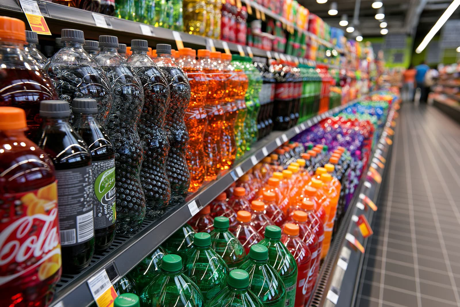 Színes üdítőital-palackok sorakoznak egy fényesen megvilágított német szupermarket folyosóján, ezek a termékek lennének a tervezett cukoradó célpontjai.