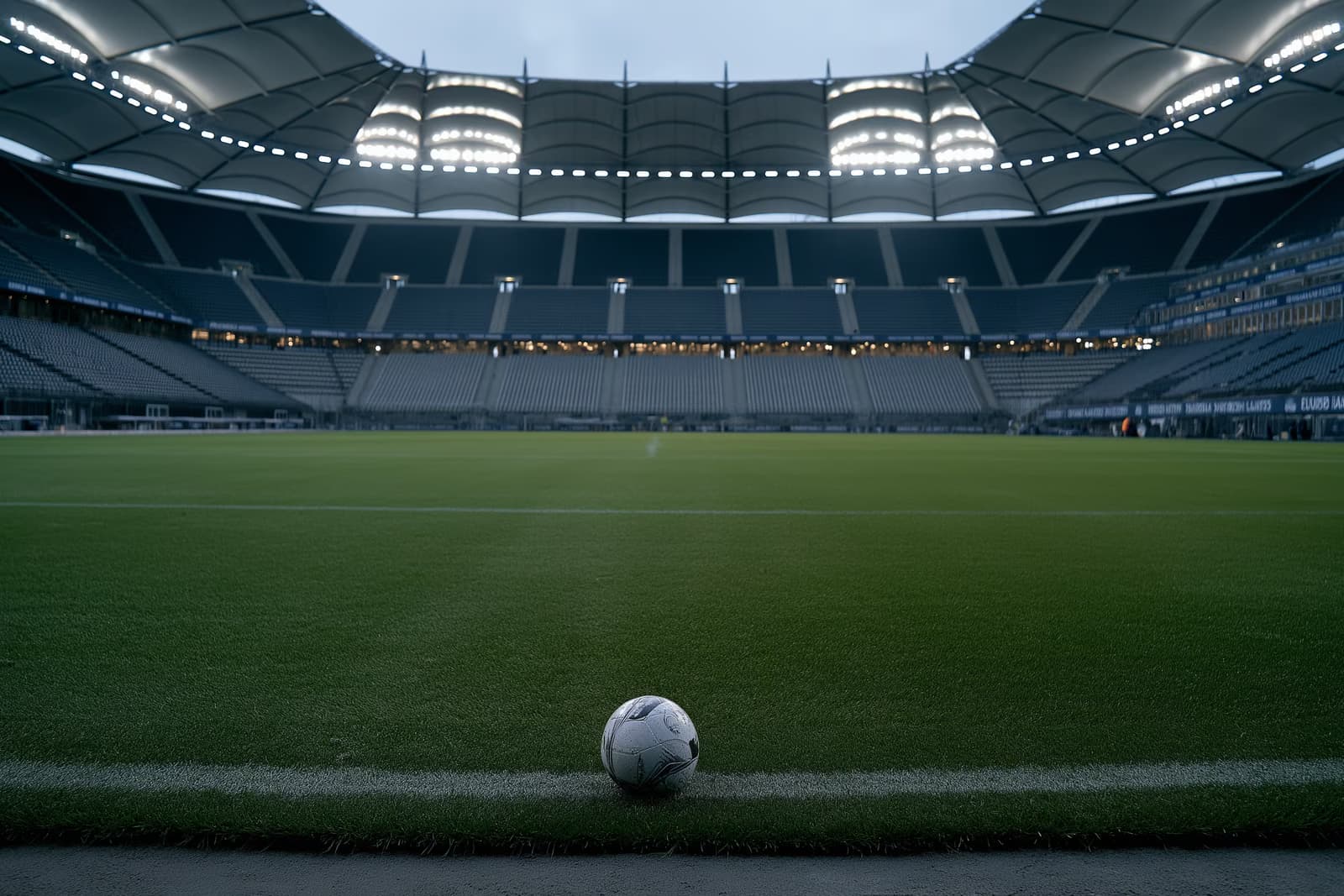 Egy üres hamburgi futballstadion alkonyatkor, bekapcsolt reflektorokkal és egy magányos labdával a középpályán, miután Vuskovics elhagyja a HSV-t.