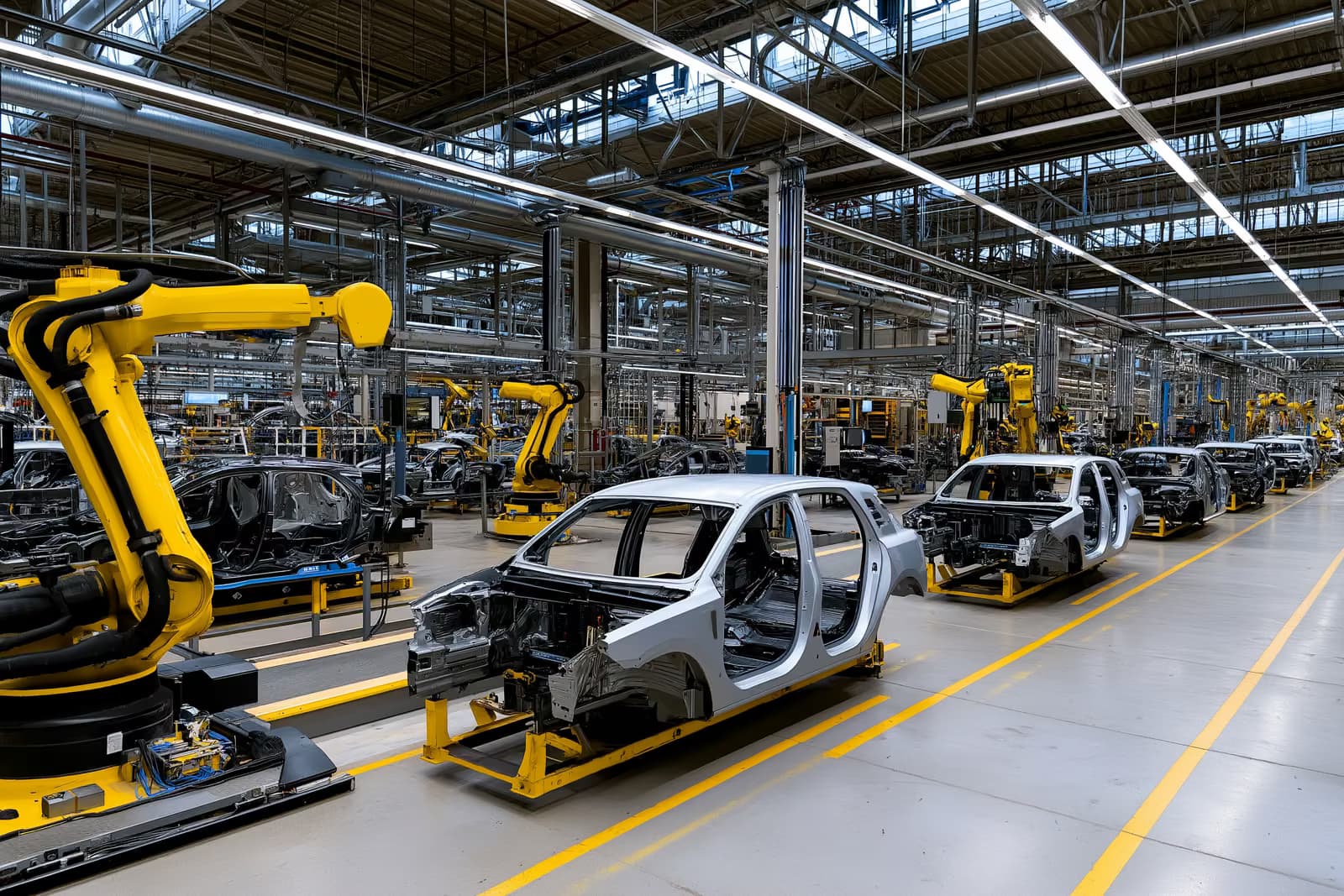 Egy nagy autógyári összeszerelő csarnok robotkarokkal és részben összeszerelt járművekkel.