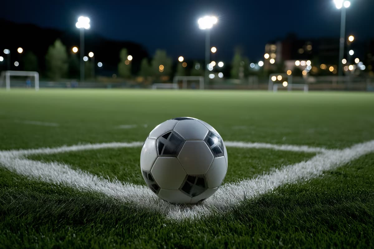 Egy magányos futball-labda pihen a kivilágított pálya tizenegyespontján.