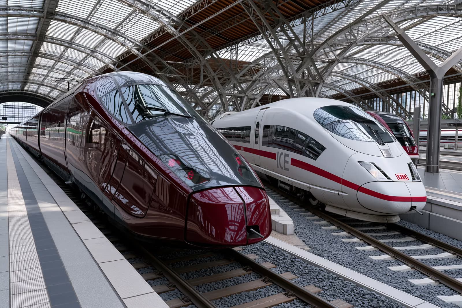 Egy sötétvörös nagysebességű vonat egy fehér ICE mellett párhuzamos síneken egy német állomáscsarnokban, amely az Italo Deutsche Bahn elleni kihívását szimbolizálja.
