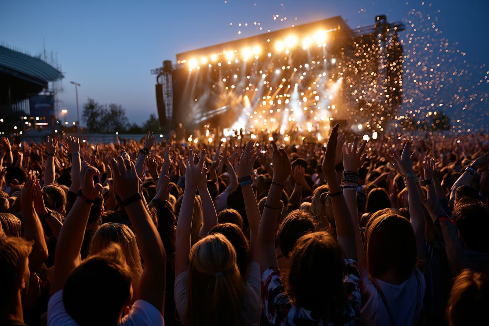 Hatalmas fesztiválozó tömeg felemelt kézzel a Lollapalooza berlini fesztivál ragyogó főszínpadának fénye előtt az Olympiaparkban, éjszaka.