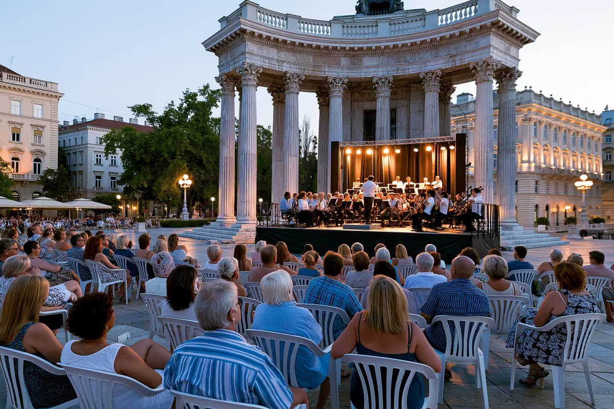 Szabadtéri klasszikus koncert egy történelmi müncheni téren alkonyatkor.