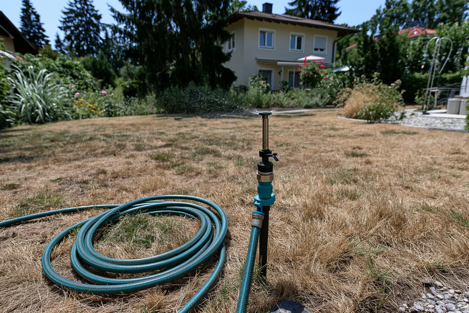Egy kerti locsolófej tétlenül áll a megbarnult, kiszáradt gyepen München egyik külvárosában a müncheni vízellátási tilalom alatt.