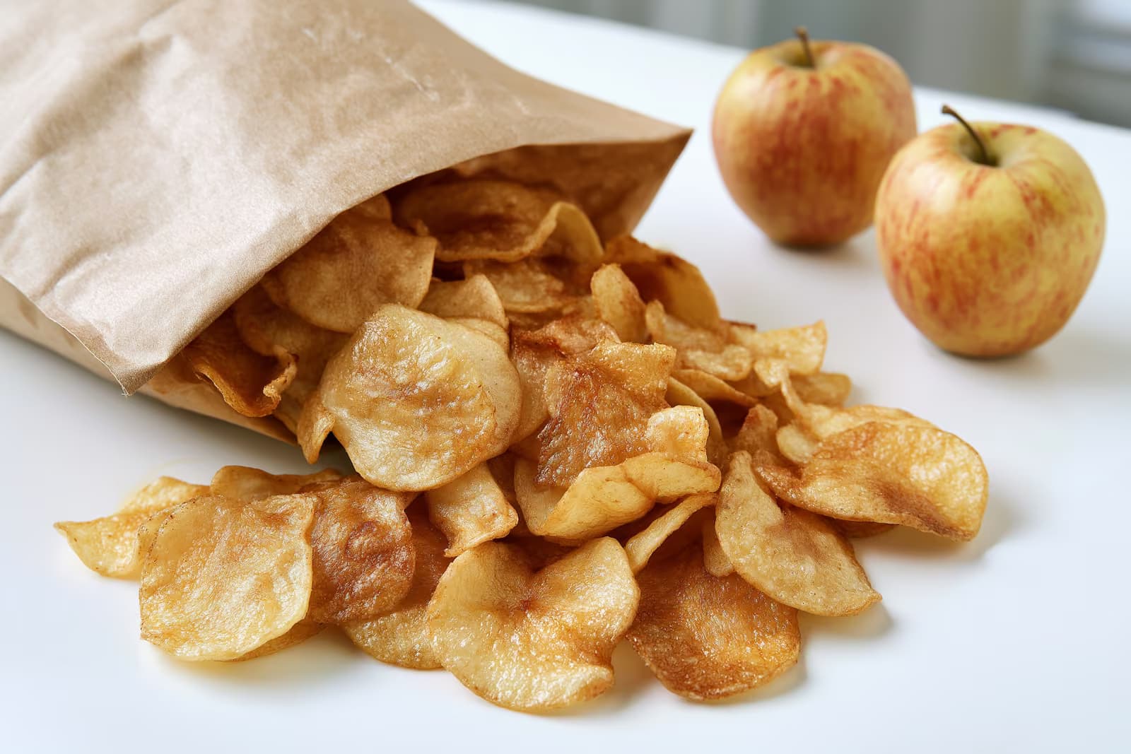 Egy csomag gyerek almachips egy konyhapolcon, mellette egy figyelmeztető szimbólummal.